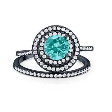 Double Halo Engagement Bridal Piece Ring Black Tone, Simulated Paraiba Tourmaline CZ 925 Sterling Silver